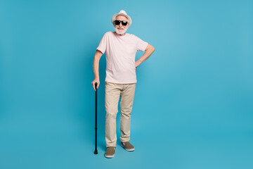 Full length body size photo senior man wearing casual outfit isolated bright blue color background