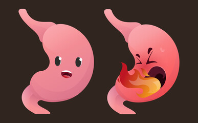 Healthy unhealthy stomach suffering from heartburn concept. Vector organ, cartoon style.