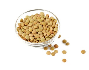 green lentils in a glass bowl isolated on white background