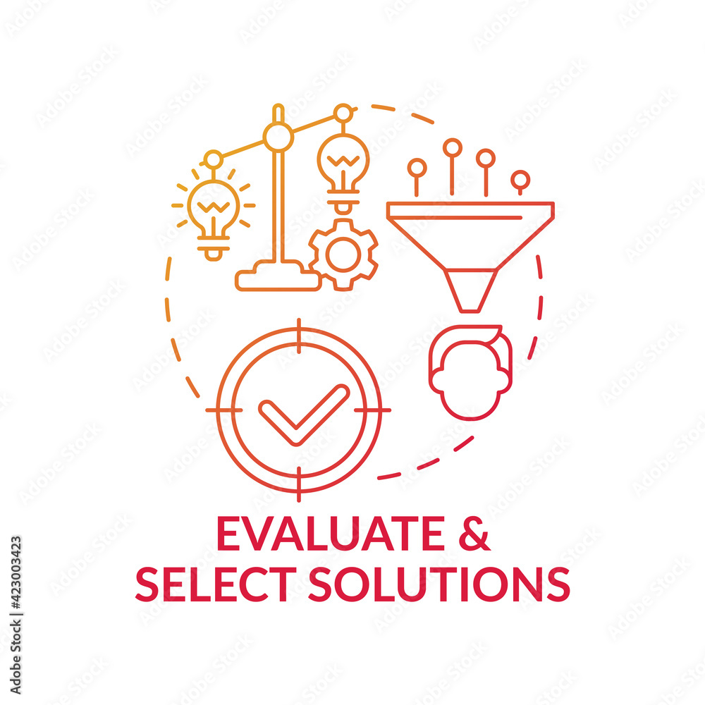 Poster evaluate and select solutions red gradient concept icon. decision making, progress step. improve cre