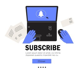 Email marketing banner, ui. Newsletter, news, offers, promotions subscription. Follow us concept in minimalist flat line style. Company website newsletter. Laptop or notebook with notification sign.