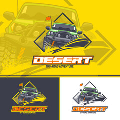 Off-road car logo in three versions on a yellow, dark and white background. © slava