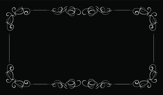 Vector Black Vintage Background, Blank Frame, Filigree Swirls, White Elegant Calligraphic Elements.
