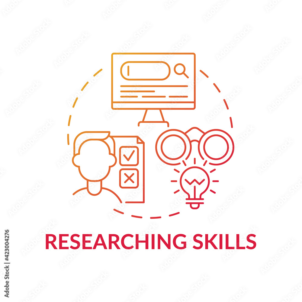 Poster researching skills red gradient concept icon. analyzing information. evaluate and assess data. probl