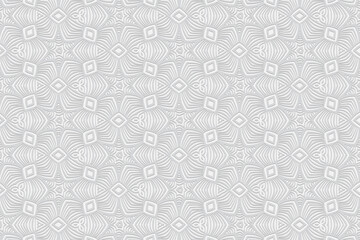3D convex volumetric original pattern. Ethnic embossed white background with elements of geometric ornament. A graceful composition with the national flavor of the peoples of India.
