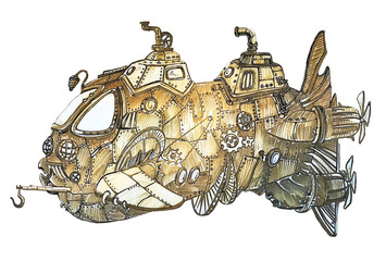 Submarine. A cartoon, vintage submarine. An underwater ship for sea travel, a light brown ship on a white background. Print on a T-shirt, children`s things, decoration of a children`s room, teenagers,