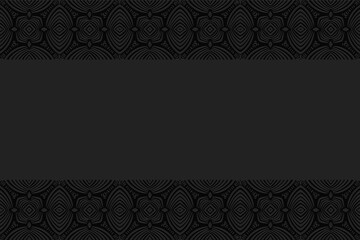 3D convex volumetric pattern. Ethnic geometric embossed black background. A complex exotic composition in the style of Indian doodling with arched lines. Horizontal inserts.