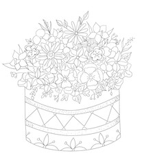 Doodle drawing cake and flowers. Isolated linart on a white background. Vector illustration