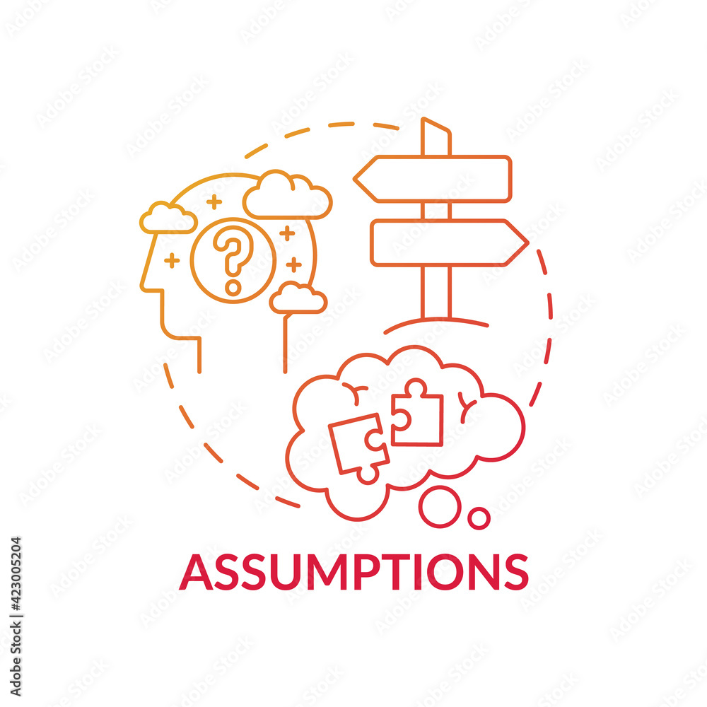 Poster assumptions red gradient concept icon. proof for theory. presumption, problem with critical thinking