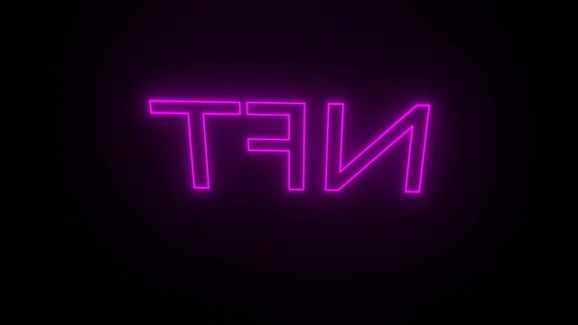 Non-fungible token concept illustration, NFT neon glowing letters on black seamless rotation, 3D rendering