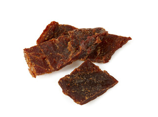 Beef jerky isolated on white background. Dried meat.
