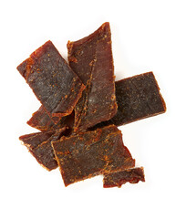 Beef jerky isolated on white background. Dried meat.