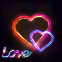 Two neon smoke light hearts for valentine's day, mother's day, and wedding day.  Hearts with neon light effect. Place for text. lettering love with neon effect.