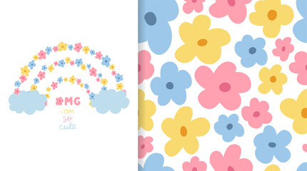 Set cute illustration with rainbow of flowers and seamless pattern with bright large flowers. Collection in hand drawn style in pastel color for kids clothing, textiles, children's room design. Vector