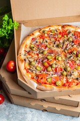 vegetable pizza no meat no cheese snack fast food vegan or vegetarian food savory pie meal top view copy space food background rustic 