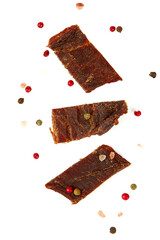 Beef jerky isolated on white background. Dried meat.