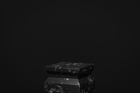 Black Marble Showcase Product Background Stand Or Podium Pedestal On Dark Display With Luxury Backdrops. 3D Rendering.