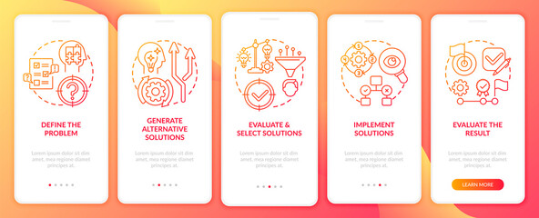 Problem solving steps red onboarding mobile app page screen with concepts. Decision making process walkthrough 5 steps graphic instructions. UI, UX, GUI vector template with linear color illustrations