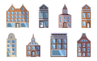Fototapeta premium Set of European colored old houses, shops and factories in the traditional Dutch town style. Vector illustration in the flat style isolated on a white background. Design elements for a banner.