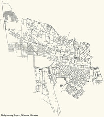 Black simple detailed street roads map on vintage beige background of the quarter Malynovsky district of Odessa, Ukraine