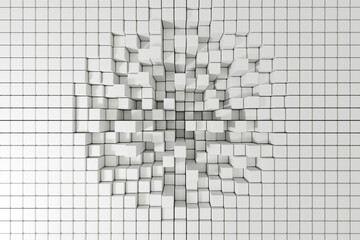 Impact concept background. White grid of cubic blocks forming a dent. 3D illustration