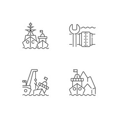 Maritime structures and regulation linear icons set. Military force unit. Underwater pipeline repair. Customizable thin line contour symbols. Isolated vector outline illustrations. Editable stroke