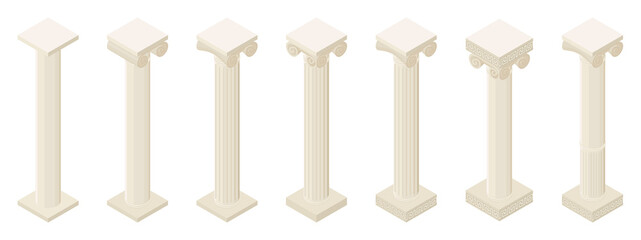 Antique Greek column isometric view set icon. Isolated vector illustration classic pillar isolated on white background.
