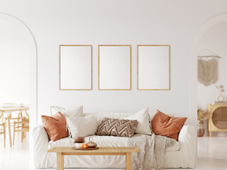 Frame & poster mockup in Boho style interior. 3d rendering, 3d illustration	