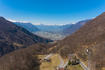 Aerial view of the Morobbia valley, the Magadino plain and the Locarno lake