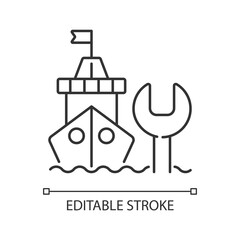 Naklejka premium Ship maintenance and repair linear icon. Repairing floating vessels. Naval engineering. Thin line customizable illustration. Contour symbol. Vector isolated outline drawing. Editable stroke