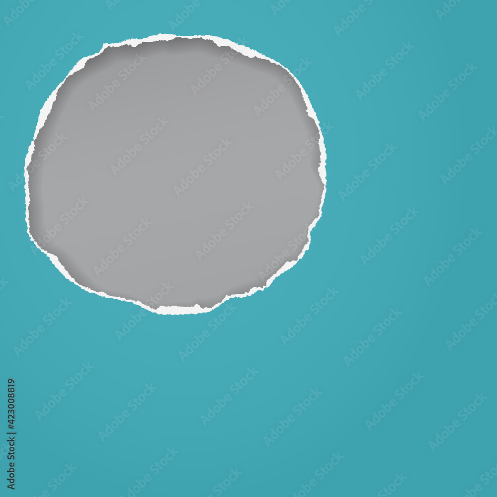 Poster round hole composition in turquoise paper with torn edges and soft shadow is on grey background. vec