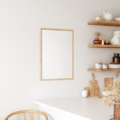 Frame & Poster mockup in kitchen interior.  Boho style.  3d rendering, 3d illustration	 - 423008858