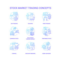 Stock market trading concept icons set. Investing in stock idea thin line RGB color illustrations. Buying assets. Investment strategy. Robo-advisors. Setting budget. Vector isolated outline drawings