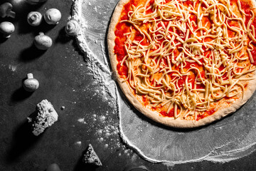 Top view on semi finished neopolitan pizza with cheese and tomato sauce