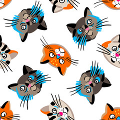 Vector seamless pattern with funny cats heads isolated on white background. Cute animal theme background. Stock clipart with design element for wrapping, card, t-shirt print, invitation, accessories