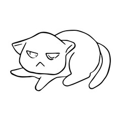 Black line a crouching cat on white silhouette. Hand drawn cartoon style. Doodle for coloring, decoration or any design. Vector illustration of kid art.