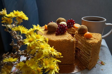 Naklejka premium Delicious honey cake decorated with mantarines and pomegranate stands on the table