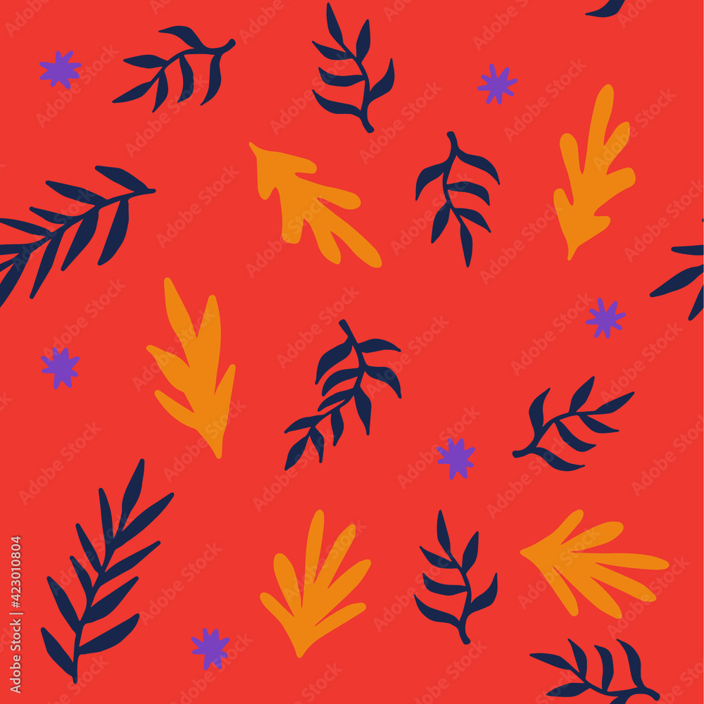 Aufkleber Beautiful Mid- Century Boho style Pattern with Palm Branches. Repeating Vector Design in warm color palette.