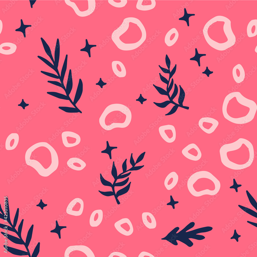 Poster Beautiful Mid- Century Boho style Pattern with Palm Branches. Repeating Vector Design in warm color palette.