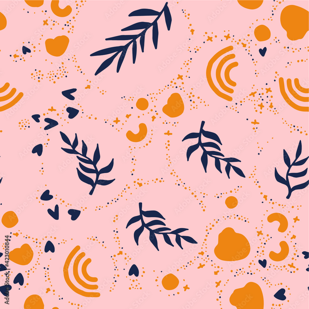 Aufkleber Beautiful Mid- Century Boho style Pattern with Palm Branches. Repeating Vector Design in warm color palette.