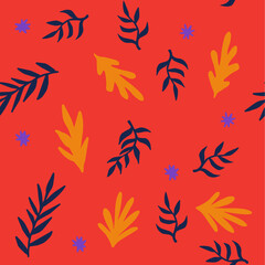 Fototapeta na wymiar Beautiful Mid- Century Boho style Pattern with Palm Branches. Repeating Vector Design in warm color palette.