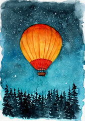 Obraz premium Watercolor illustration of a yellow and red hot air balloon in a turquoise star-studded night sky above the tops of fir trees