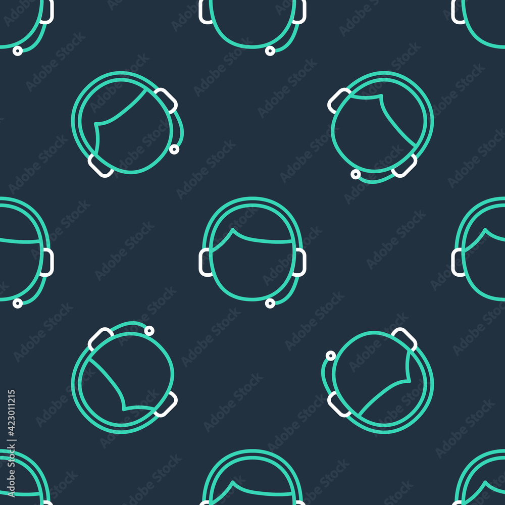 Poster line man with a headset icon isolated seamless pattern on black background. support operator in touc