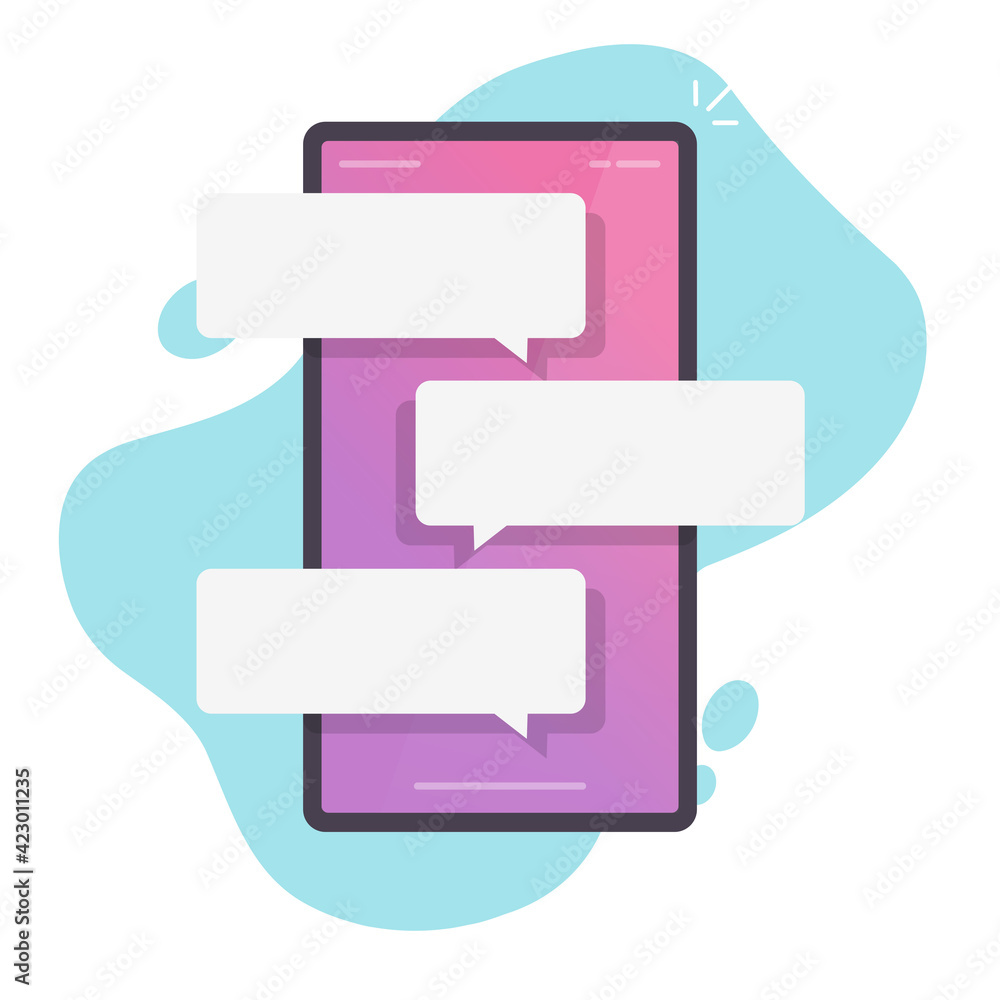 Poster online chat text messages on mobile phone screen with blank empty bubble speeches vector flat cartoo