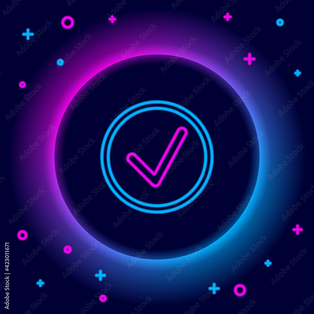 Poster glowing neon line check mark in circle icon isolated on black background. choice button sign. checkm