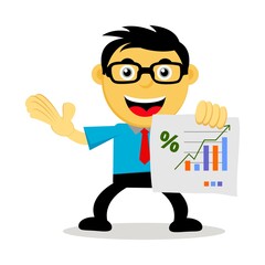 Illustration Vector Graphic of Successful businessman or employee in cartoon with glasses doing presentation and holding paper report of the growing sales chart. Concept of presentation, meeting, fina