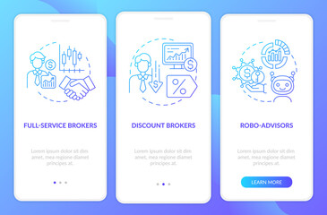 Obraz na płótnie Canvas Trader types onboarding mobile app page screen with concepts. Licensed, automated stockbrokers walkthrough 3 steps graphic instructions. UI, UX, GUI vector template with linear color illustrations