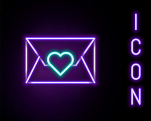 Fototapeta premium Glowing neon line Envelope with Valentine heart icon isolated on black background. Message love. Letter love and romance. Colorful outline concept. Vector