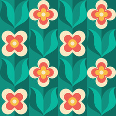 Background design - flowers and green leaves. Nature ornament seamless pattern. Floral garden concept background. Abstract geometric mosaic. Vector illustration. 