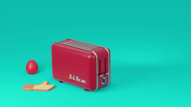 humoristic animation of a toaster and an egg timer, thumbs up jumping out of it, concept of social media, copy space, seamless loop (3d render)